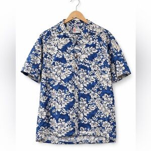 Vintage Hilo Hattie Men’s Hawaiian Shirt Made Hawaii Navy Batik Floral Large